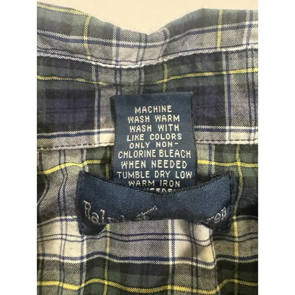 Ralph Lauren Boys Plaid Button Down Shirt 4T Navy Green Cotton Logo